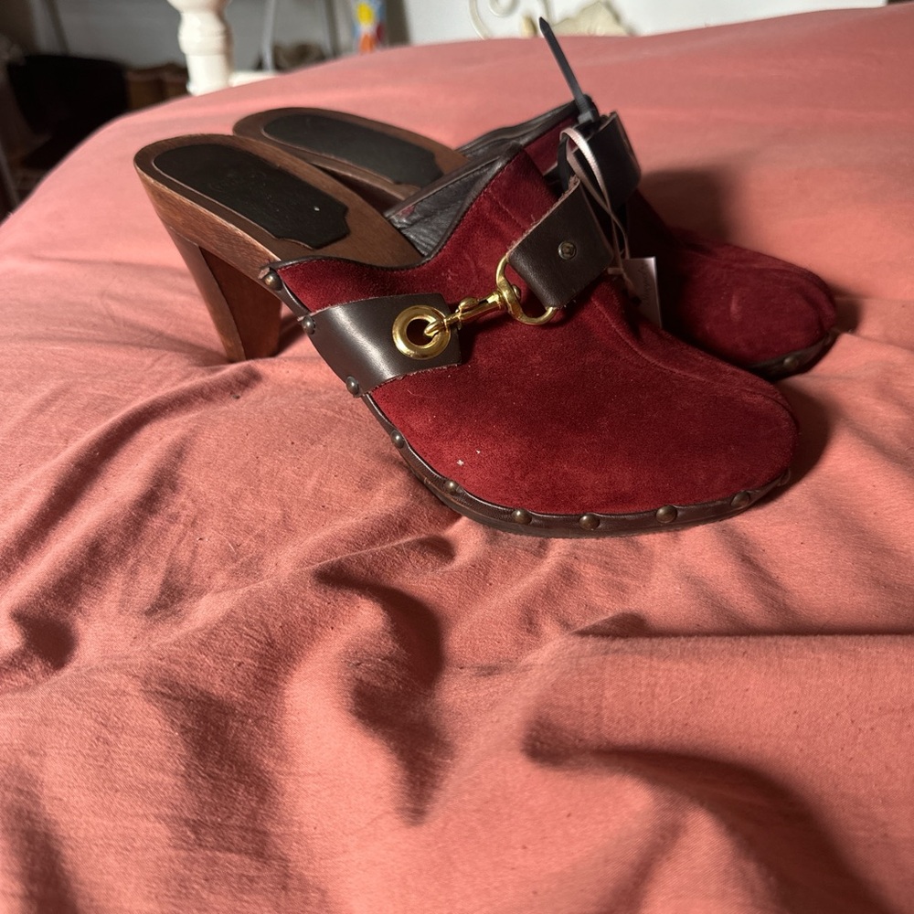 Coach Burgundy Suede Mules with Brown Accents